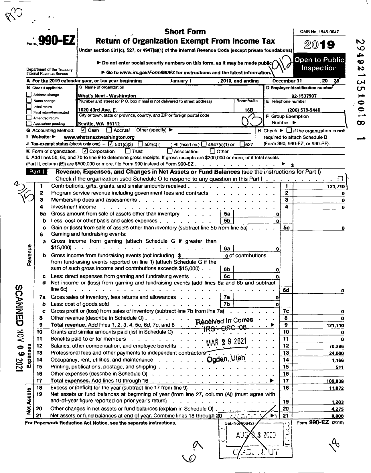 Image of first page of 2019 Form 990EZ for What's Next Washington