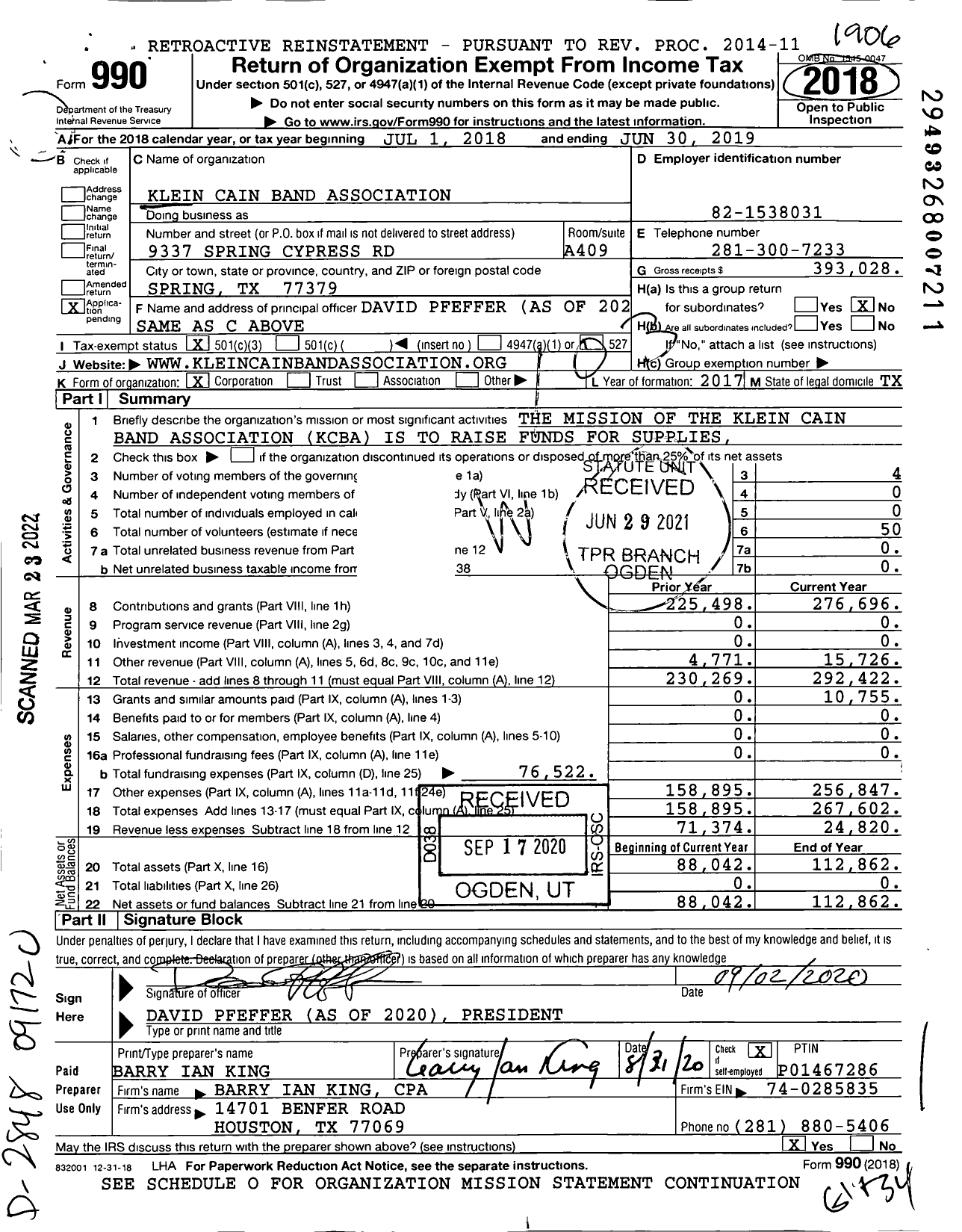 Image of first page of 2018 Form 990 for Klein Cain Band Association