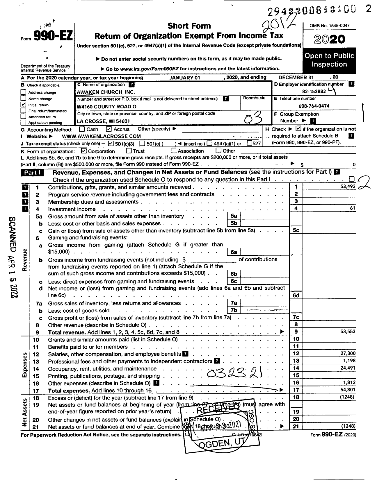 Image of first page of 2020 Form 990EZ for Awaken Church