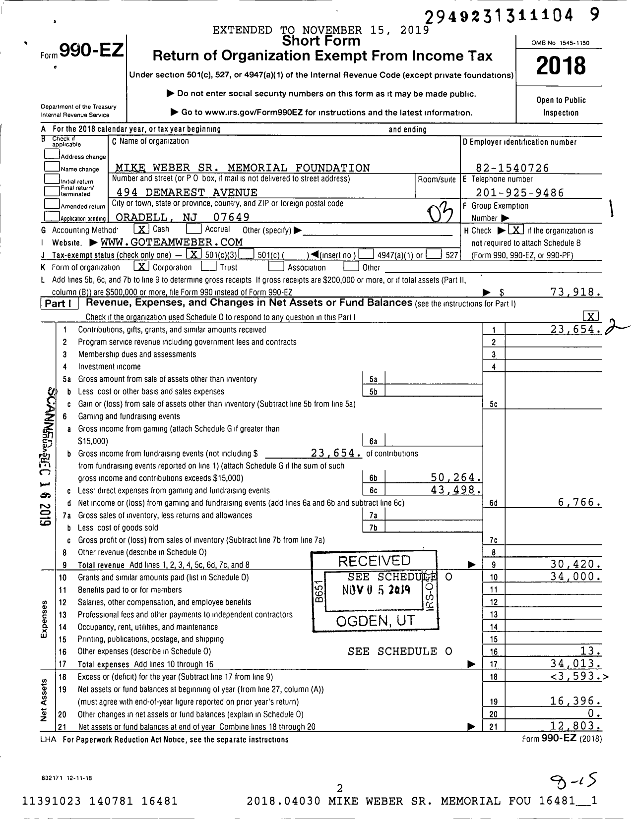 Image of first page of 2018 Form 990EZ for Mike Weber SR Memorial Foundation