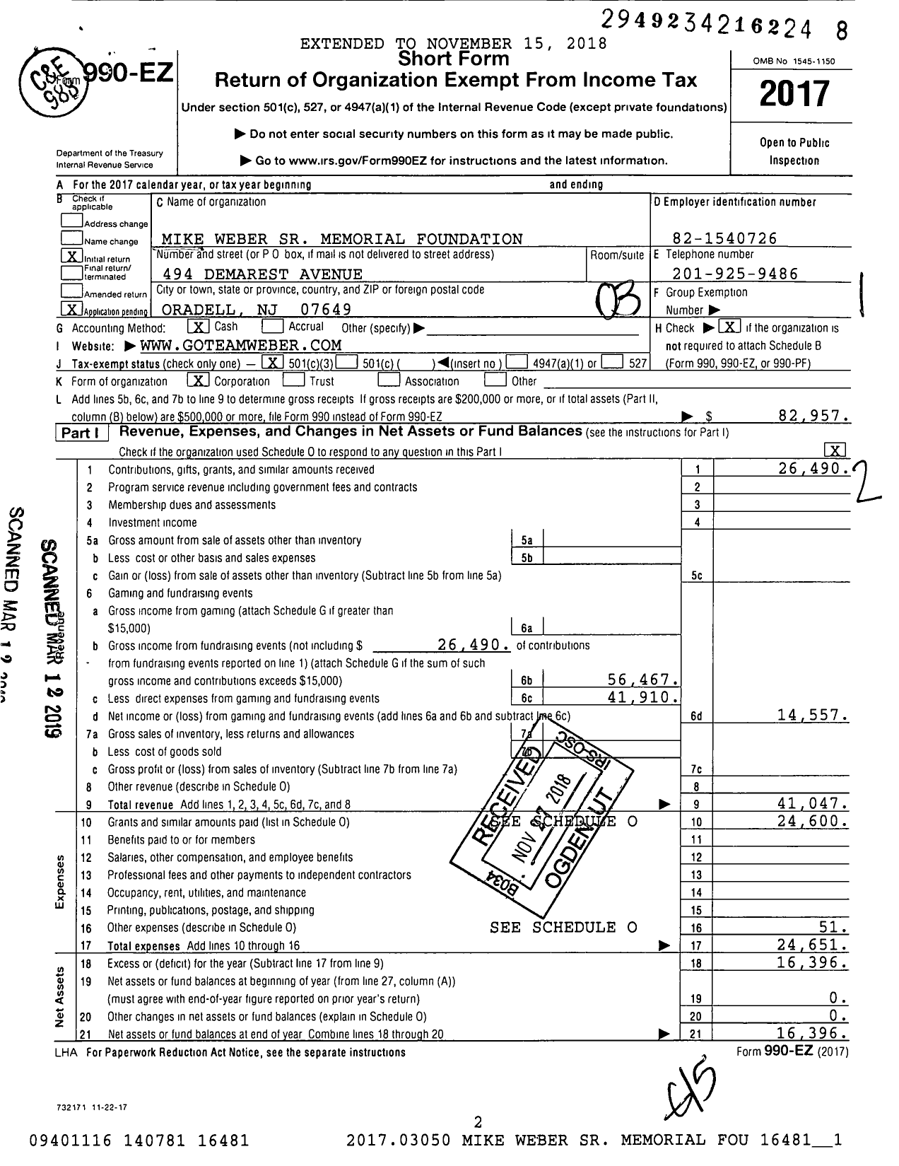 Image of first page of 2017 Form 990EZ for Mike Weber SR Memorial Foundation