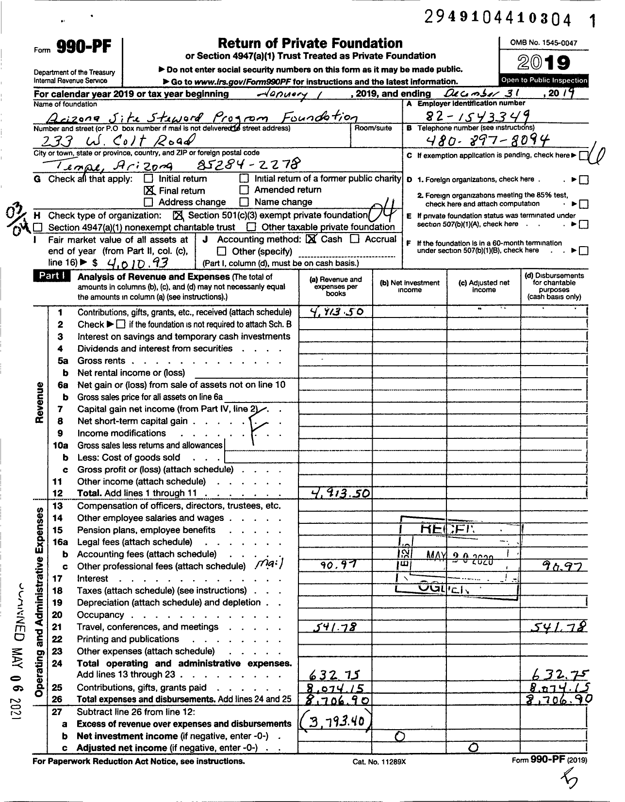 Image of first page of 2019 Form 990PF for Arizona Site Steward Program Foundation