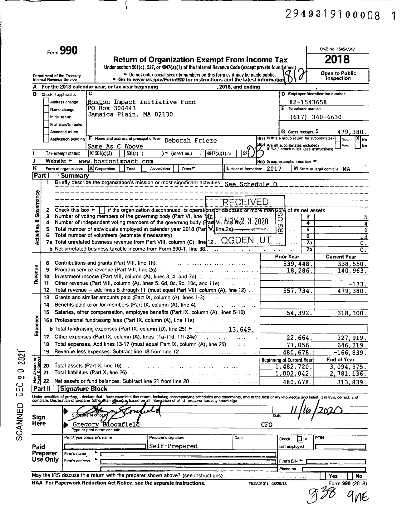 Image of first page of 2018 Form 990 for Boston Impact Initiative Fund