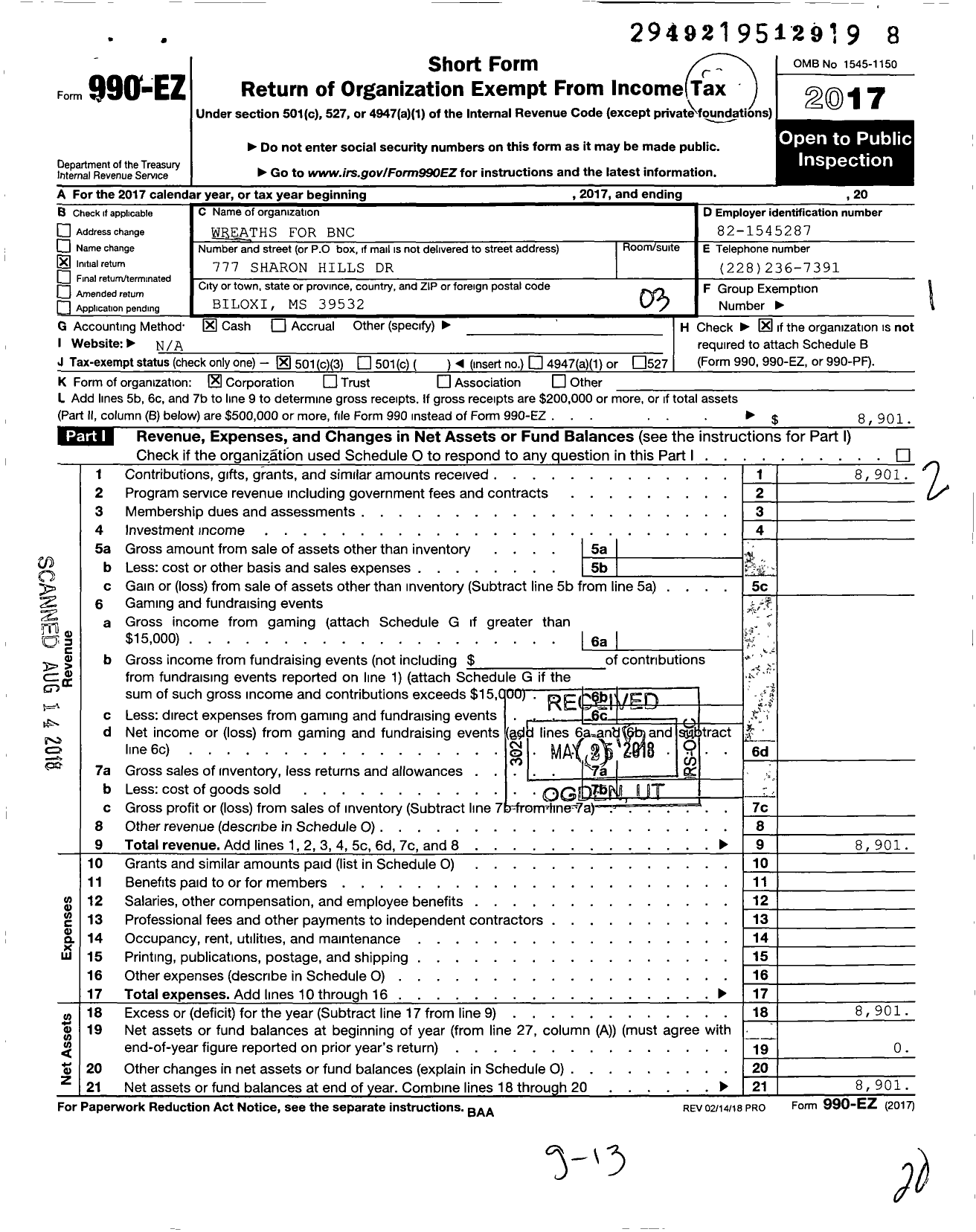 Image of first page of 2017 Form 990EZ for Wreaths for BNC