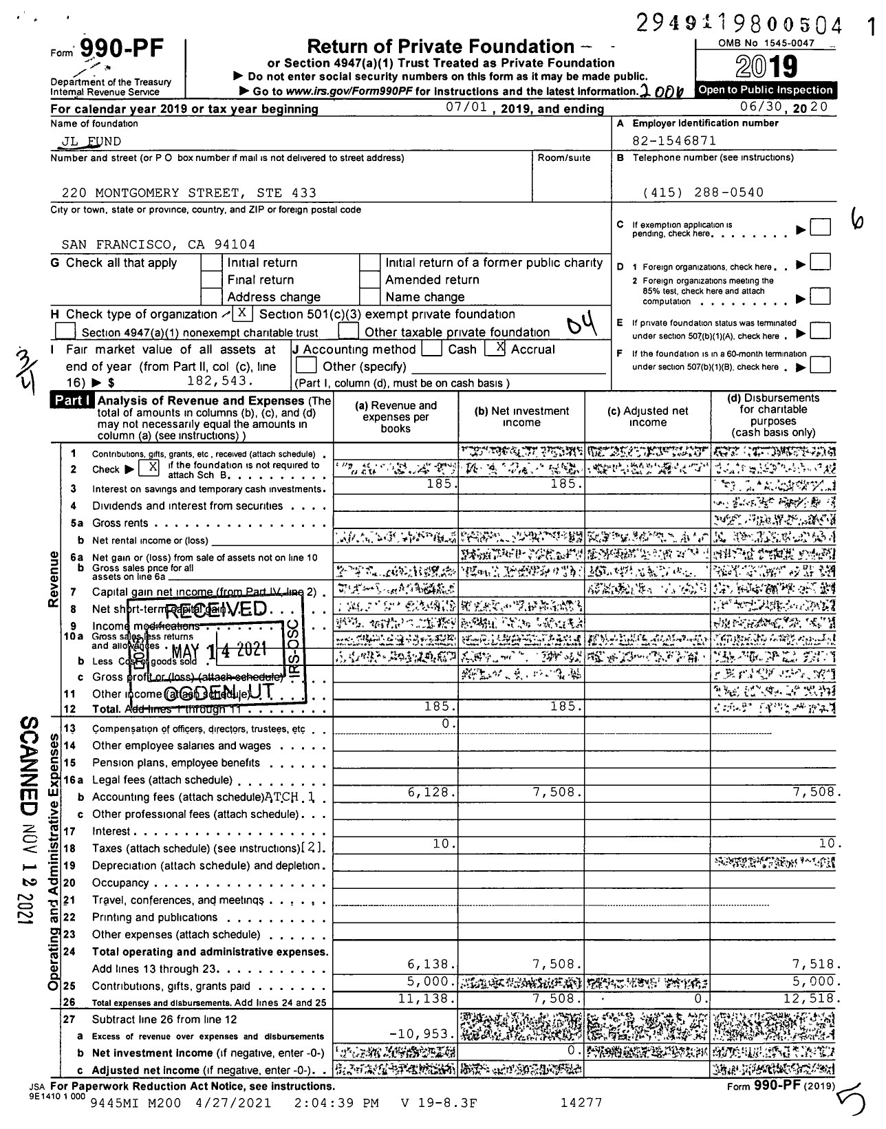 Image of first page of 2019 Form 990PF for JL Fund