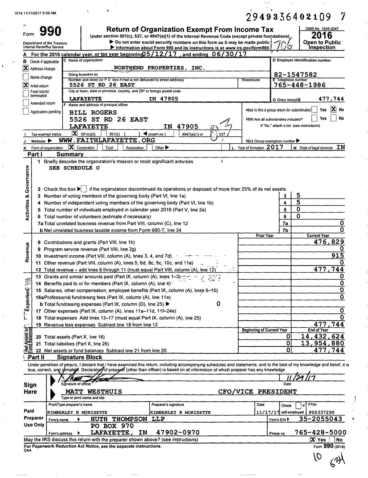 Image of first page of 2016 Form 990 for Northend Properties