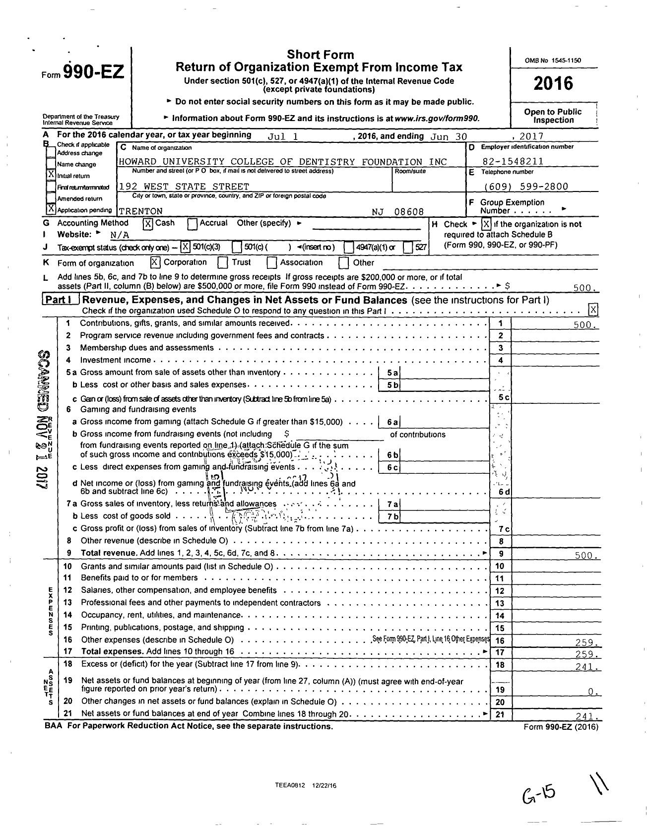 Image of first page of 2016 Form 990EZ for Howard University College of Dentistry Foundation