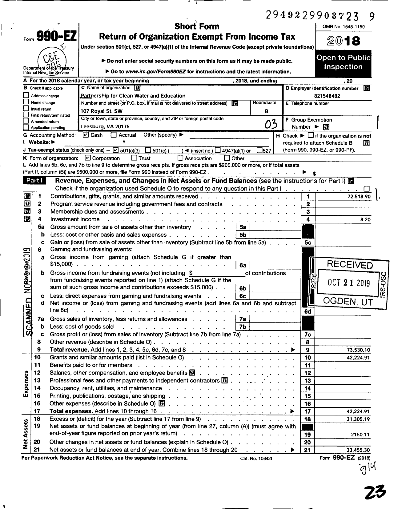 Image of first page of 2018 Form 990EZ for Partnership for Clean Water and Education