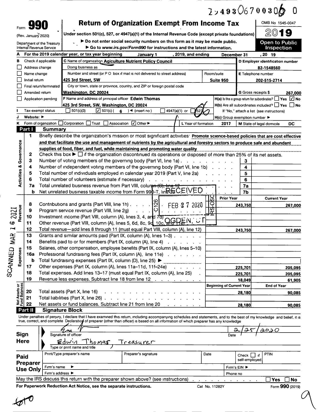 Image of first page of 2019 Form 990O for Agriculture Nutrient Policy Council