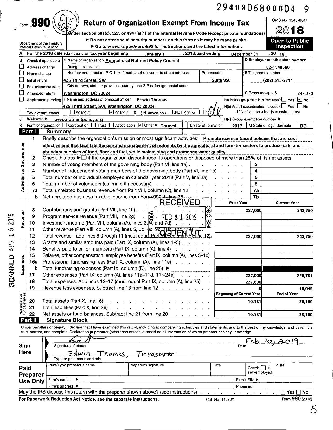 Image of first page of 2018 Form 990O for Agriculture Nutrient Policy Council