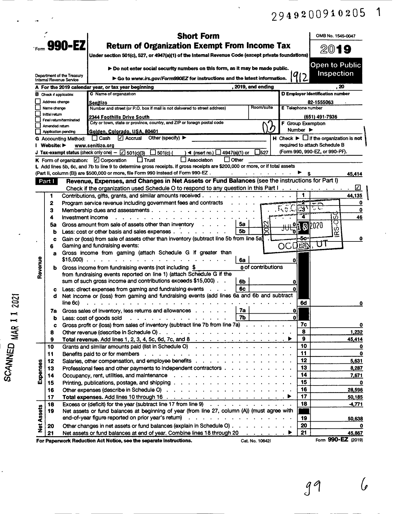 Image of first page of 2019 Form 990EZ for Senitizo