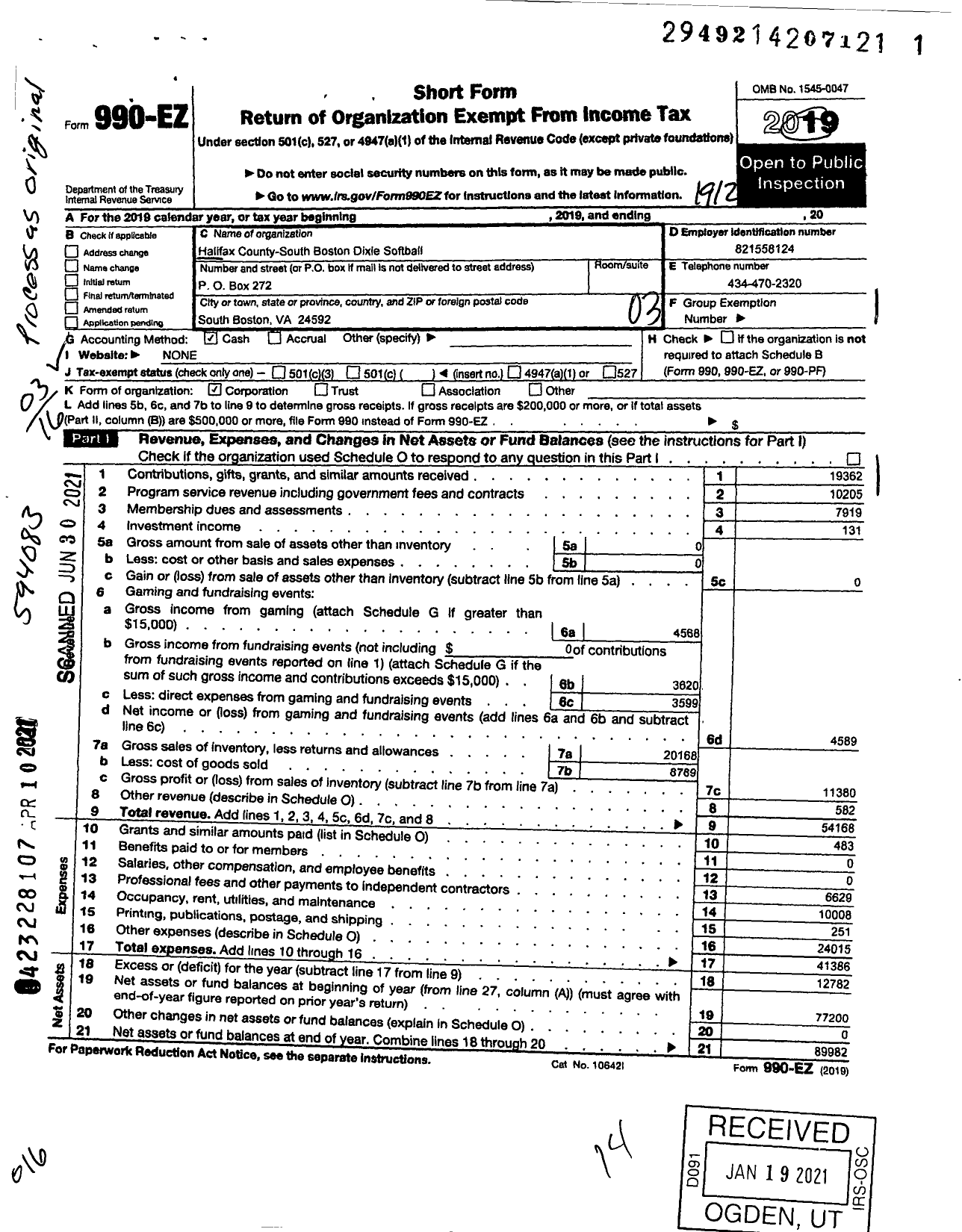 Image of first page of 2019 Form 990EZ for Halifax County-South Boston Dixie Softball