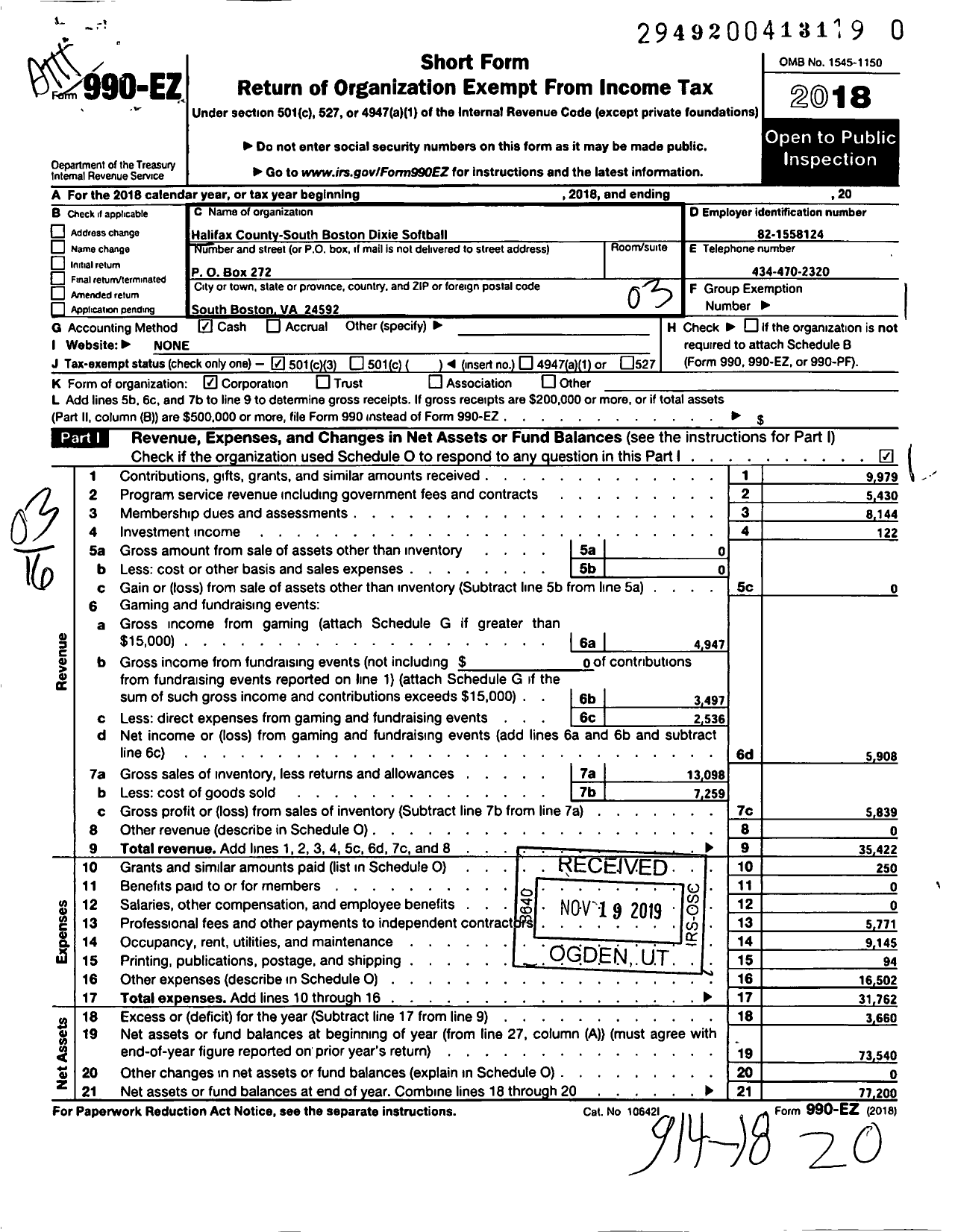 Image of first page of 2018 Form 990EZ for Halifax County-South Boston Dixie Softball