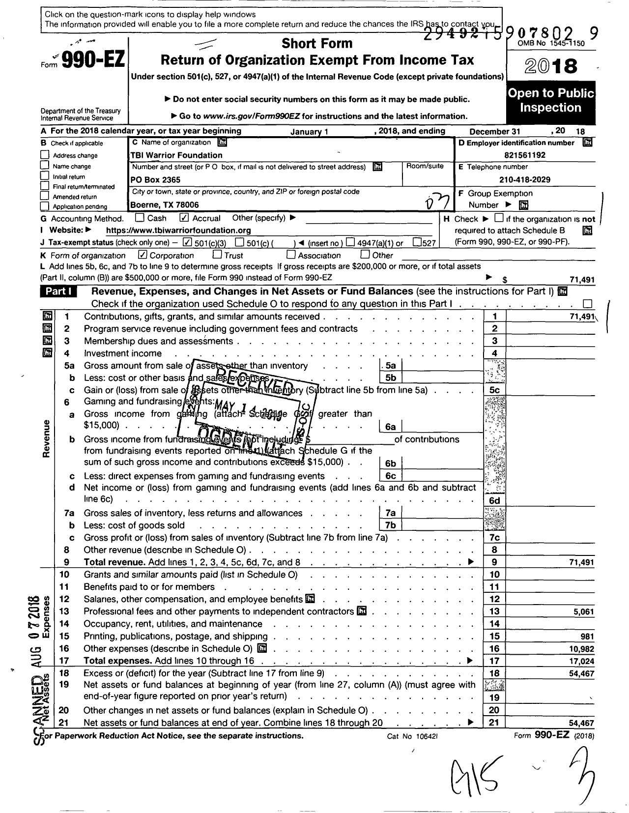 Image of first page of 2018 Form 990EZ for Tbi Warrior Foundation