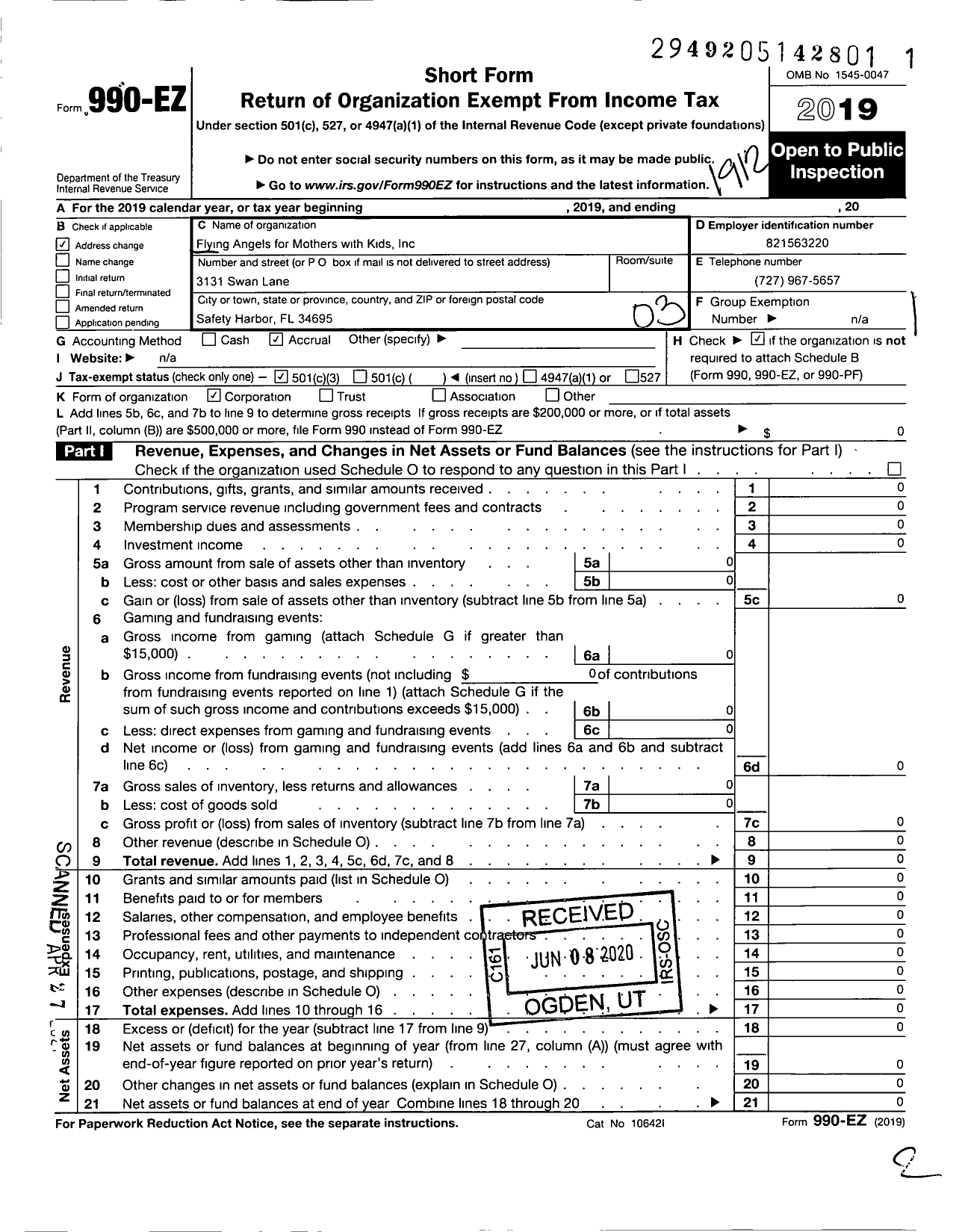 Image of first page of 2019 Form 990EZ for Flying Angels for Mothers with Kids