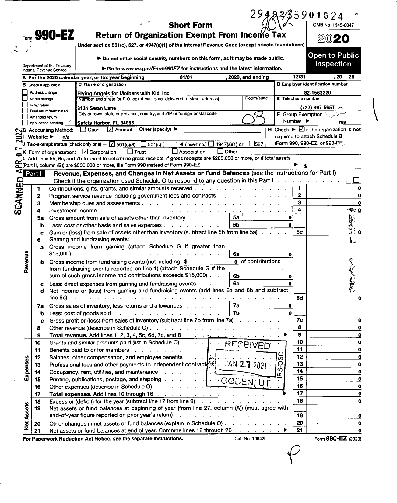 Image of first page of 2020 Form 990EZ for Flying Angels for Mothers with Kids