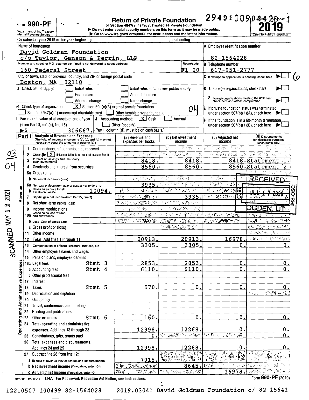 Image of first page of 2019 Form 990PF for David Goldman Foundation