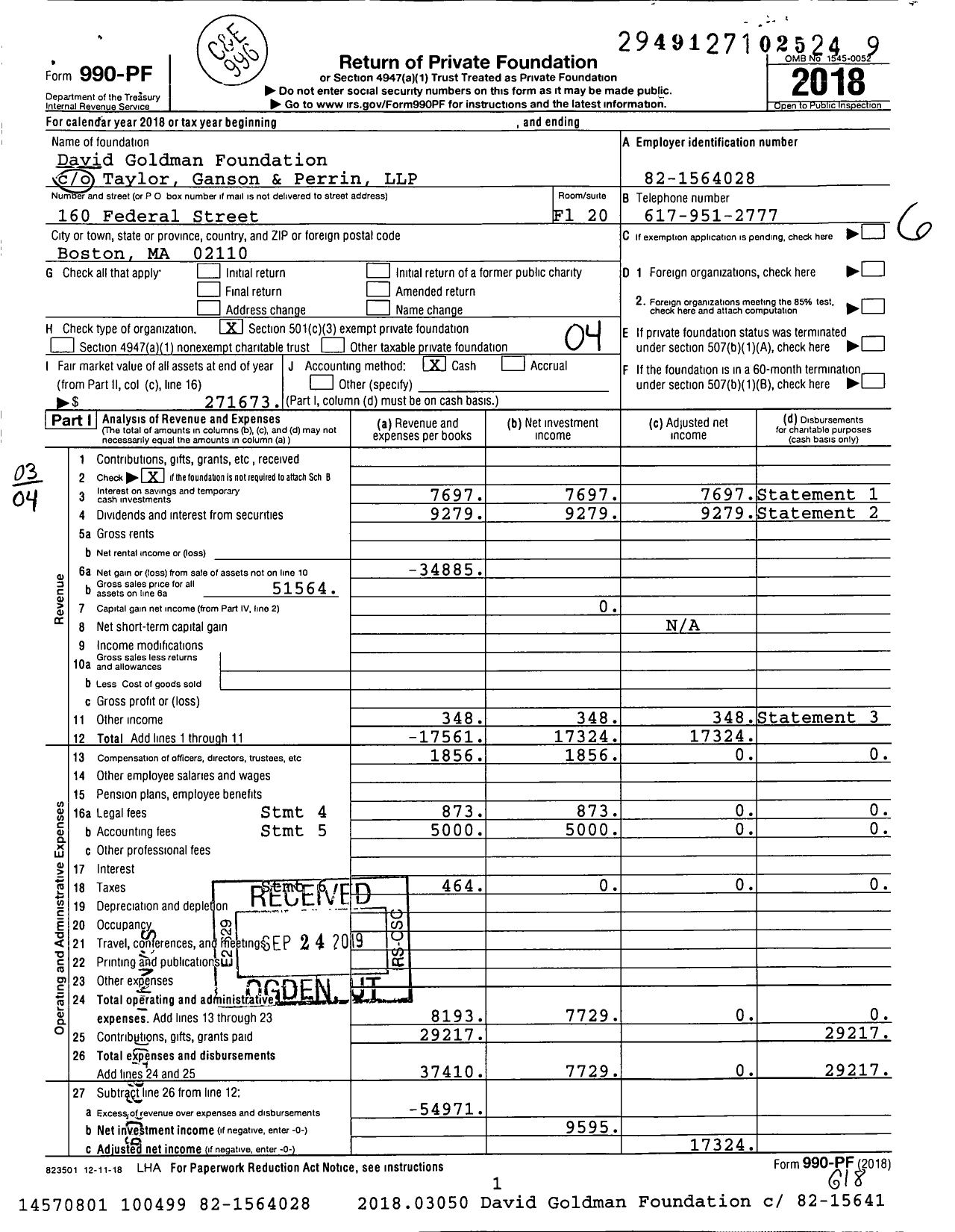 Image of first page of 2018 Form 990PF for David Goldman Foundation