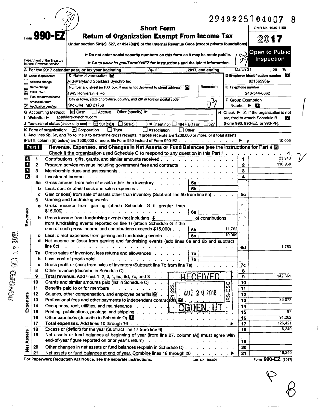 Image of first page of 2017 Form 990EZ for Mid Maryland Sparklers Synchro