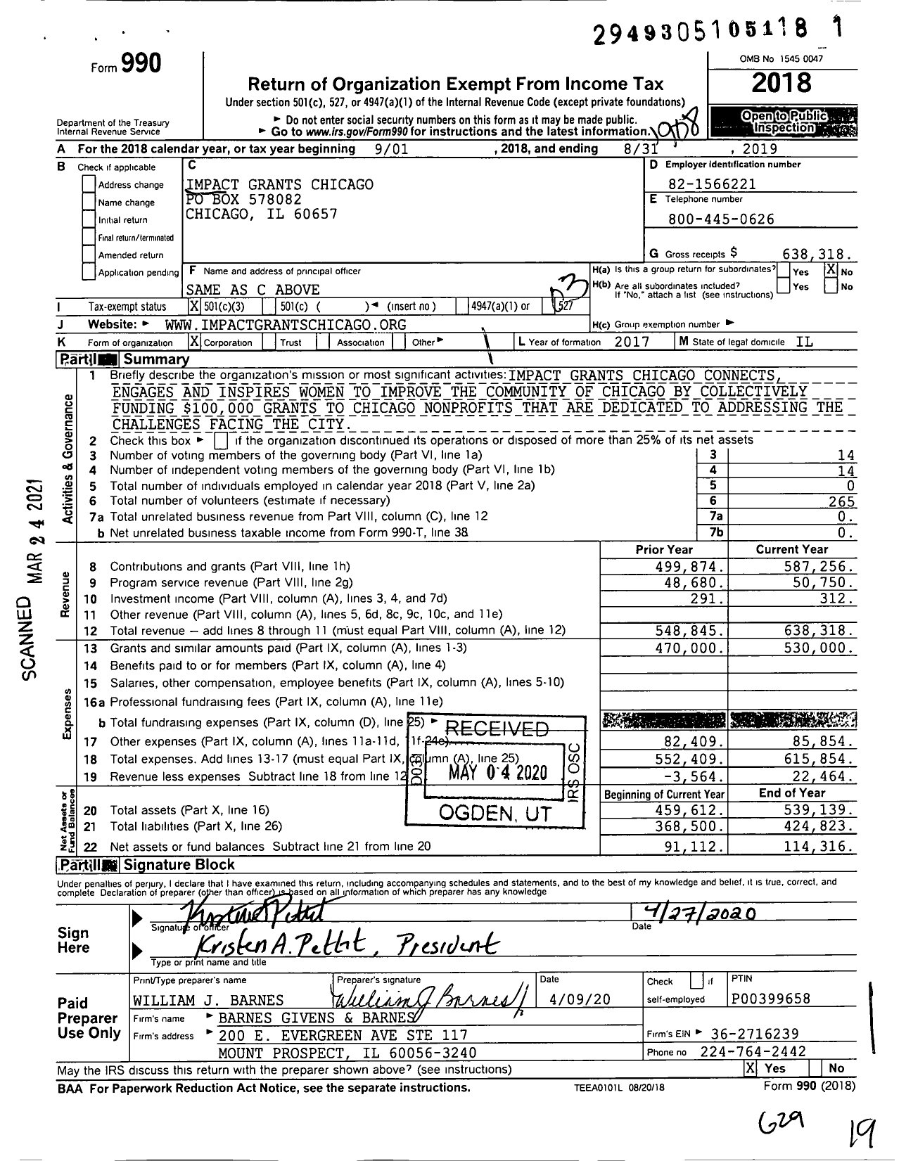 Image of first page of 2018 Form 990 for Impact Grants Chicago