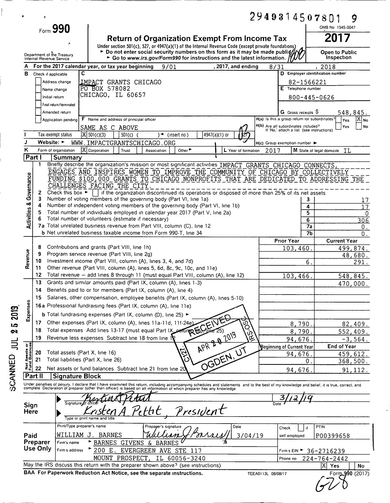 Image of first page of 2017 Form 990 for Impact Grants Chicago