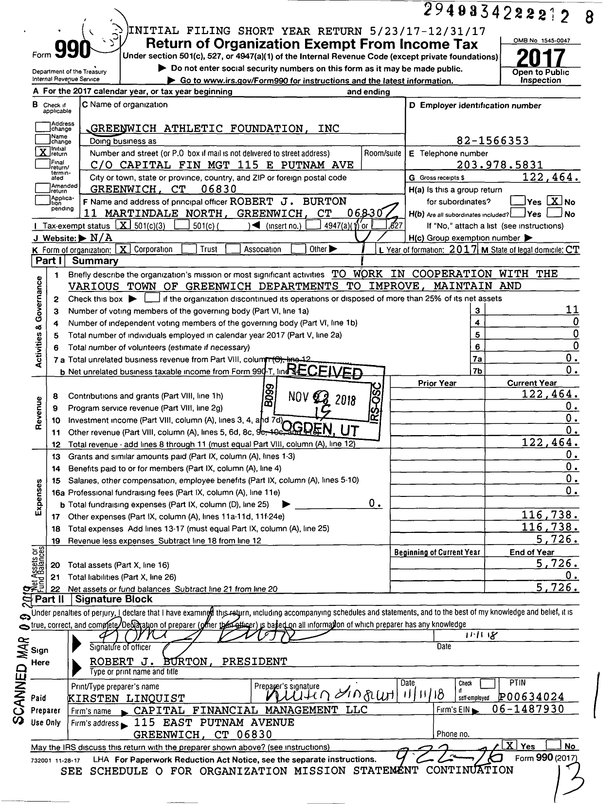 Image of first page of 2017 Form 990 for Greenwich Athletic Foundation