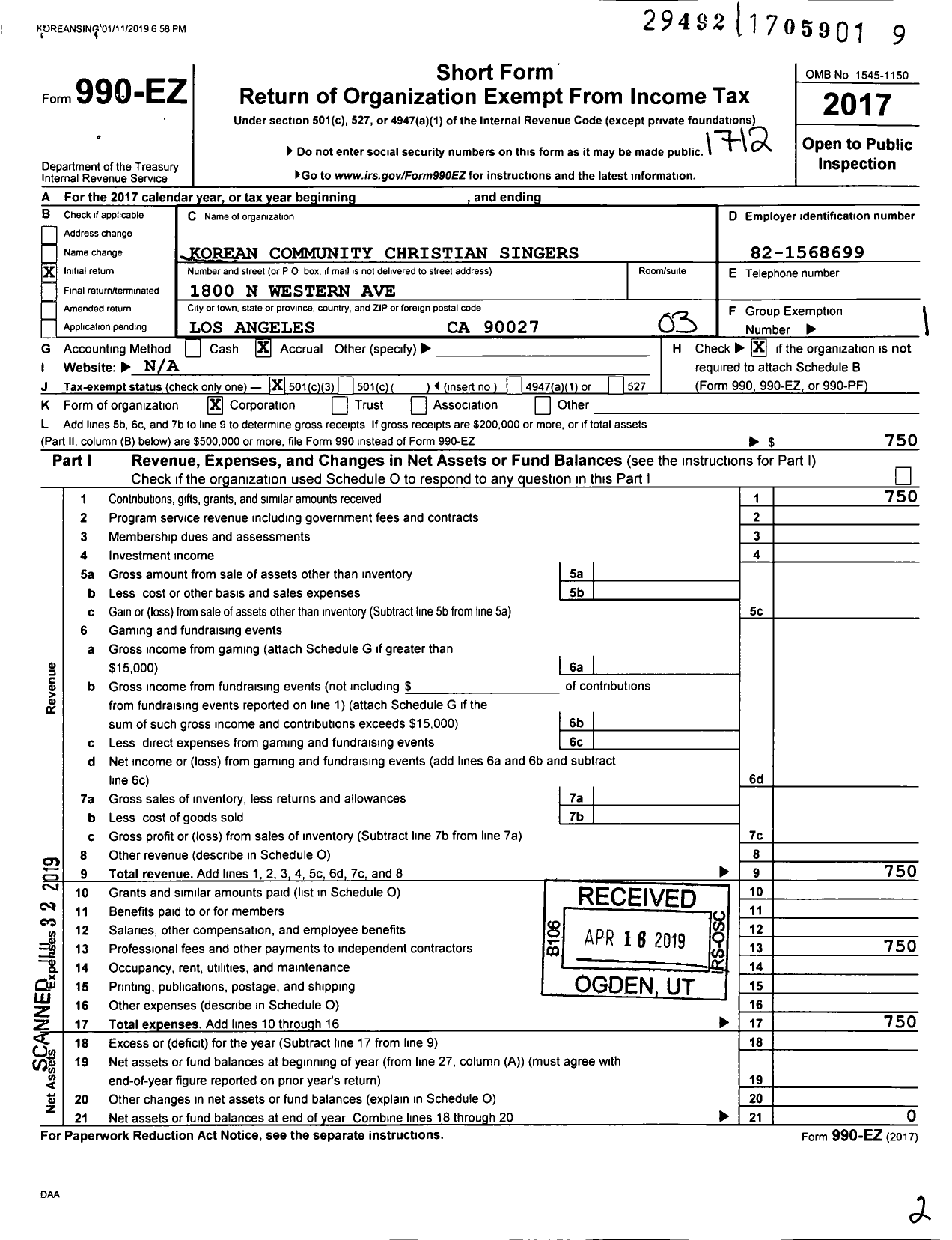 Image of first page of 2017 Form 990EZ for Korean Community Christian Singers