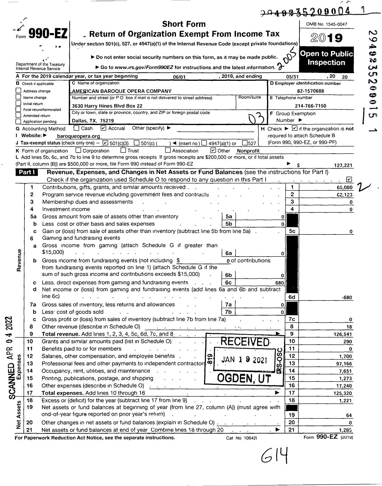 Image of first page of 2019 Form 990EZ for American Baroque Opera Company