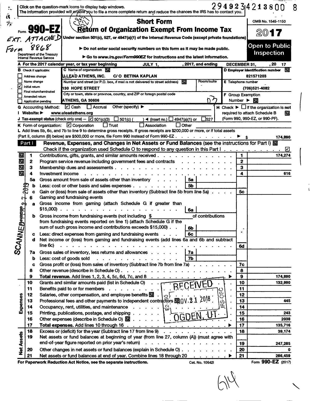 Image of first page of 2017 Form 990EZ for U-Lead Athens