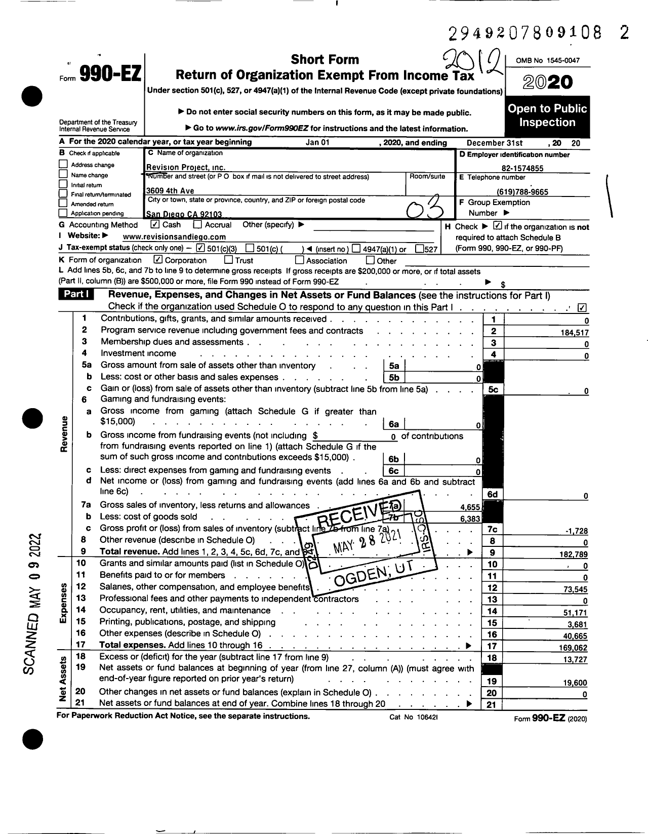 Image of first page of 2020 Form 990EZ for Revision Project
