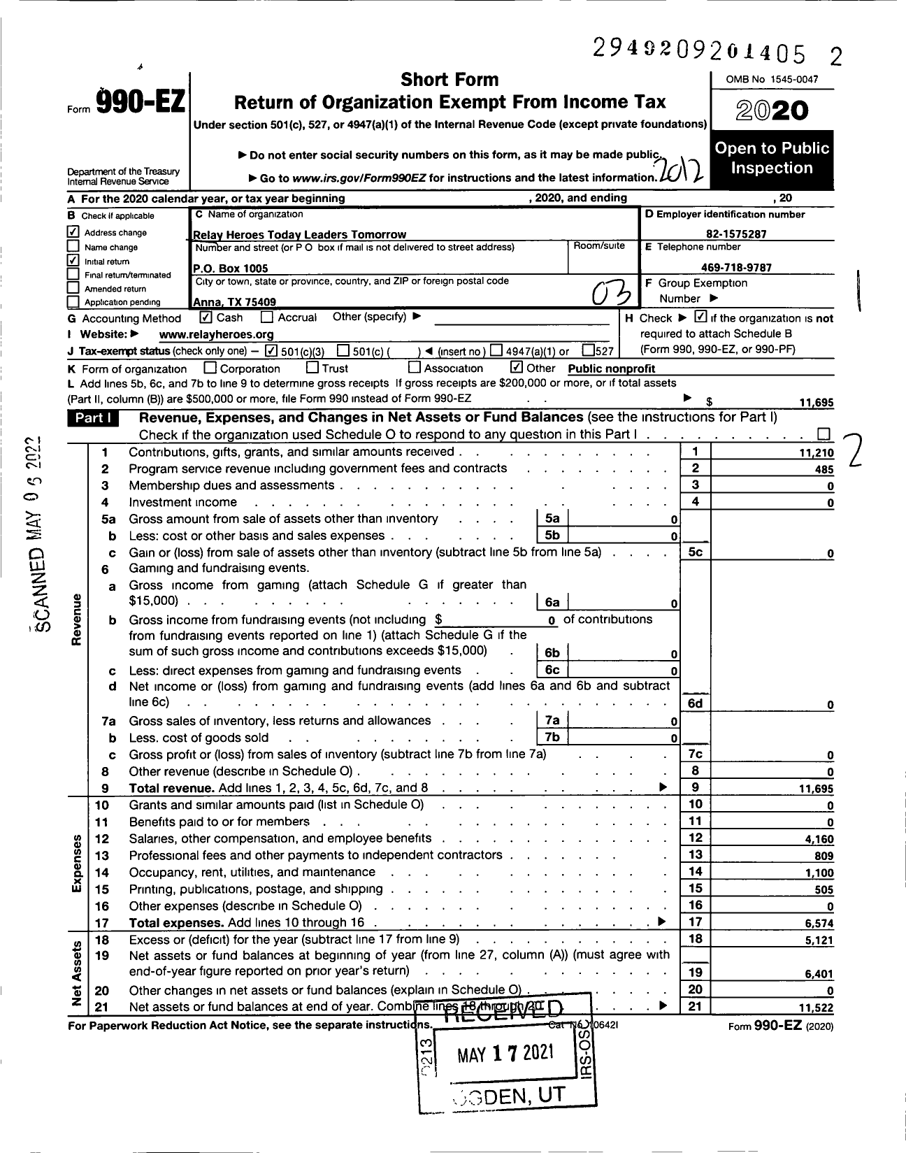 Image of first page of 2020 Form 990EZ for Relay Heroes Today Leaders Tomorrow