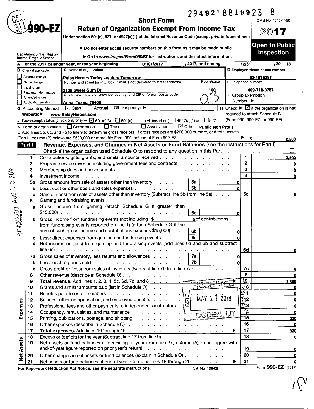 Image of first page of 2018 Form 990EZ for Relay Heroes Today Leaders Tomorrow