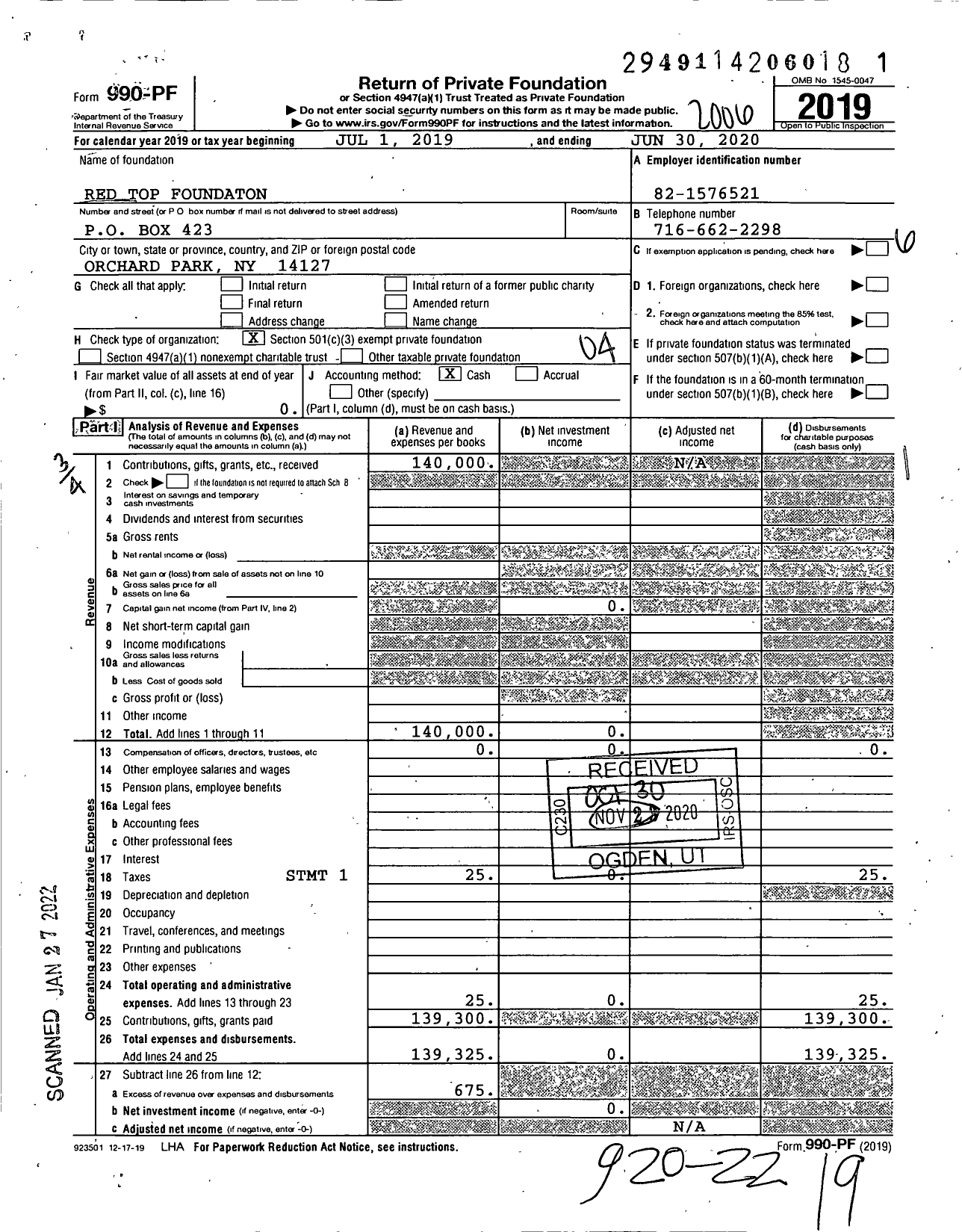 Image of first page of 2019 Form 990PF for Red Top Foundation