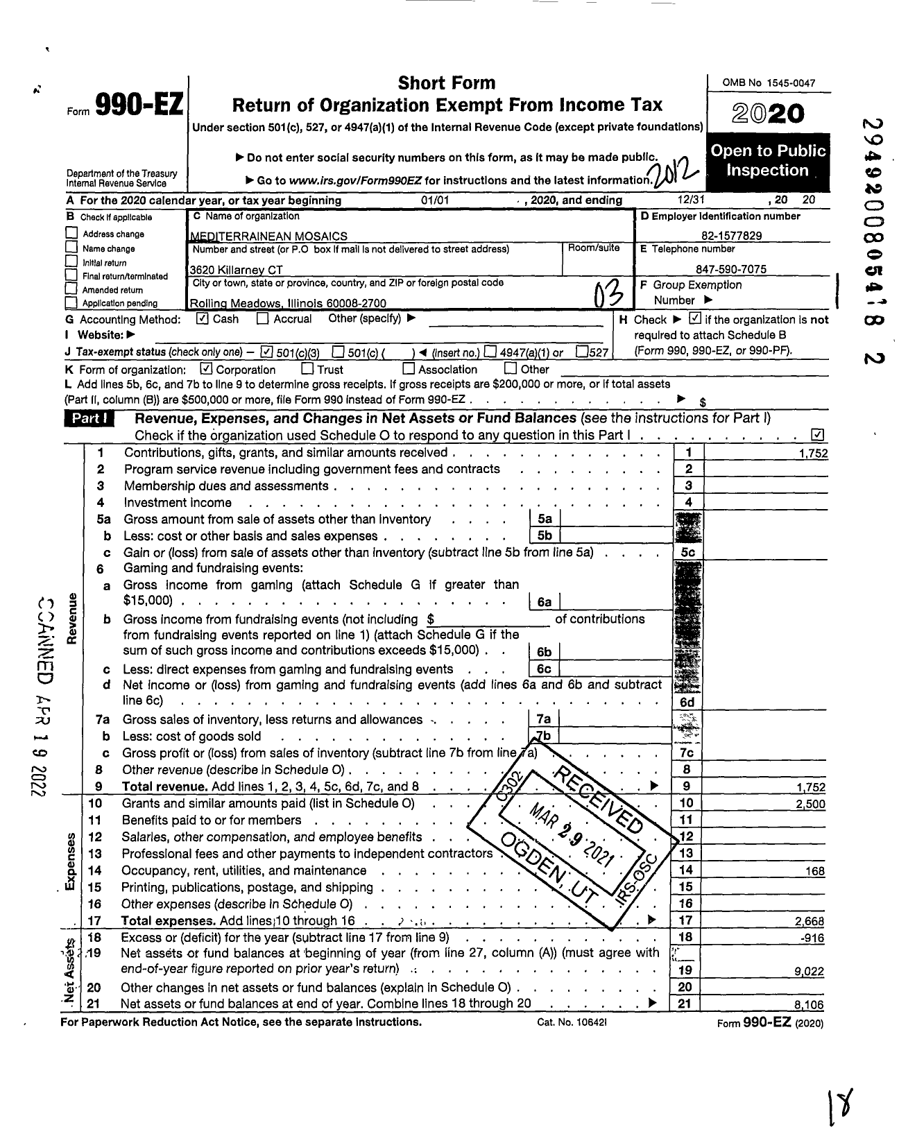 Image of first page of 2020 Form 990EZ for Mediterrainean Mosaics