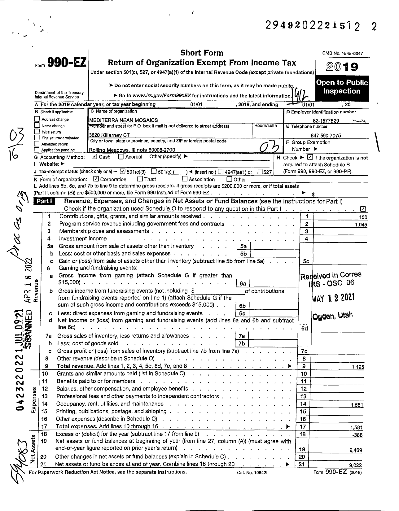 Image of first page of 2019 Form 990EZ for Mediterrainean Mosaics