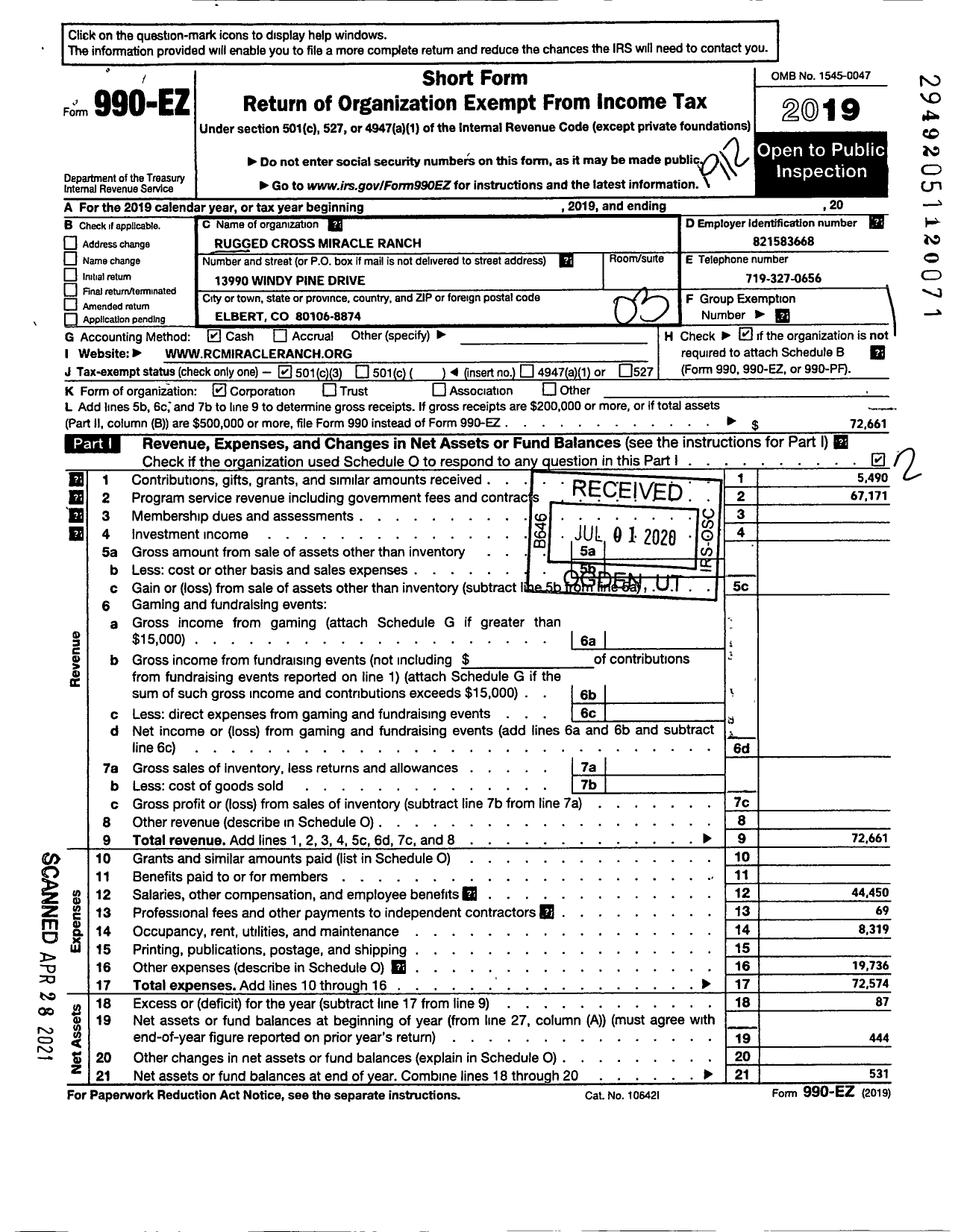 Image of first page of 2019 Form 990EZ for Rugged Cross Miracle Ranch