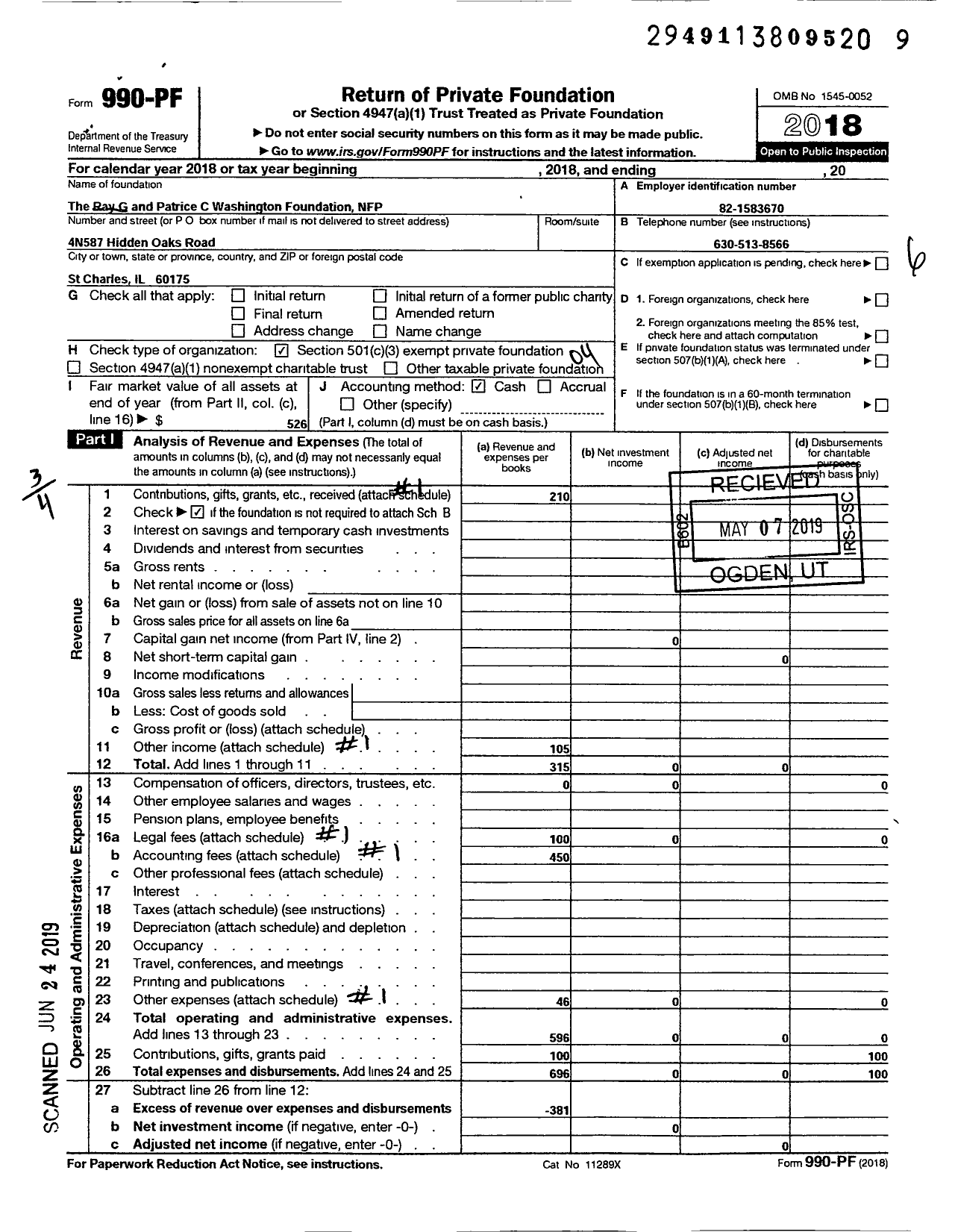 Image of first page of 2018 Form 990PF for The Ray G and Patrice C Washington Foundation NFP