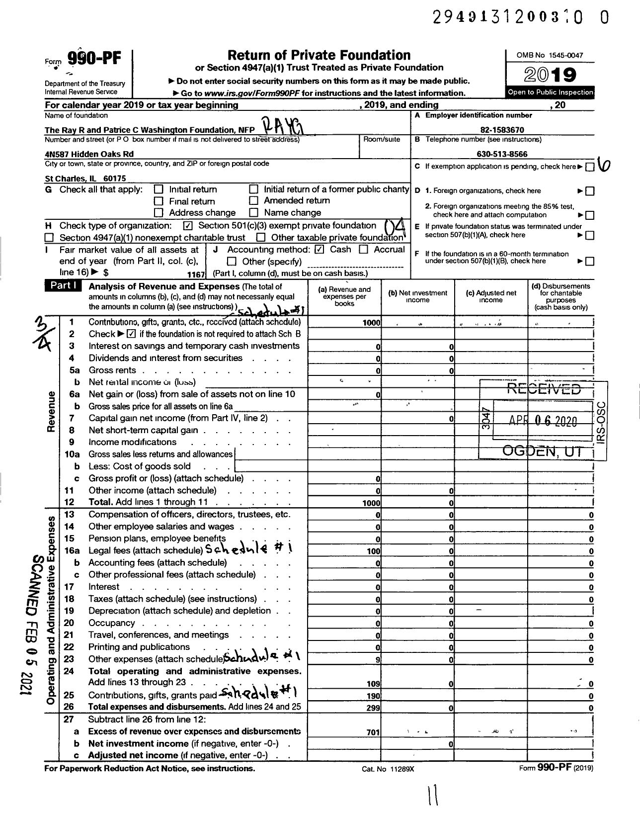 Image of first page of 2019 Form 990PF for The Ray G and Patrice C Washington Foundation NFP