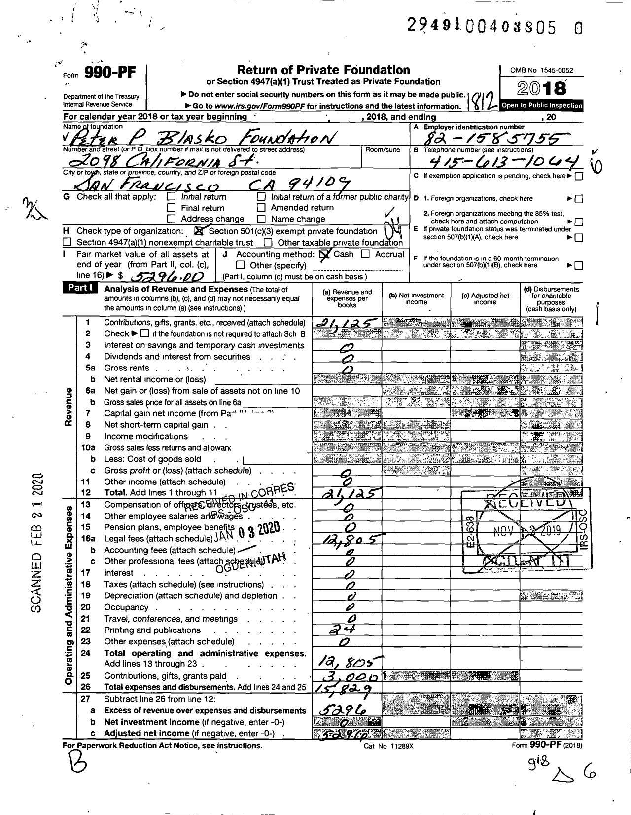 Image of first page of 2018 Form 990PR for Peter P Blasko Foundation