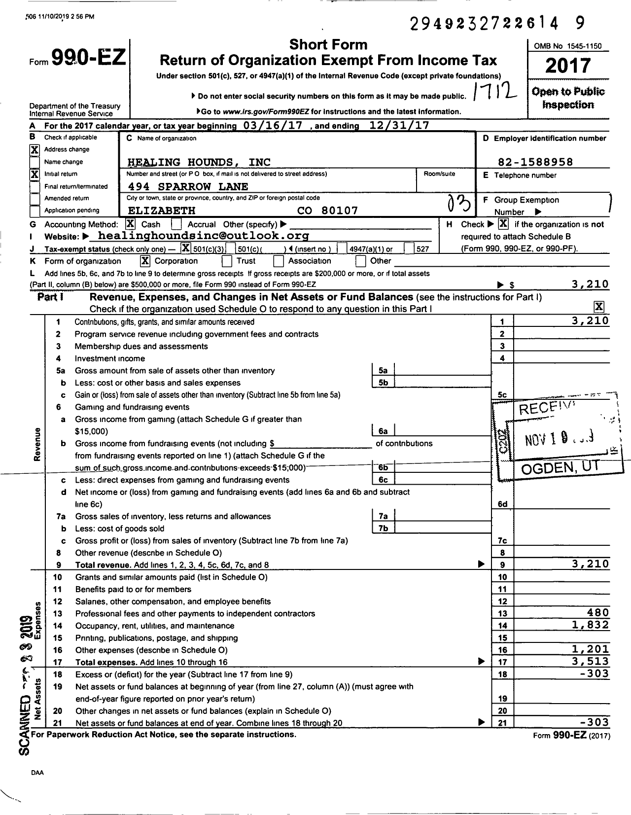 Image of first page of 2017 Form 990EZ for Healing Hounds