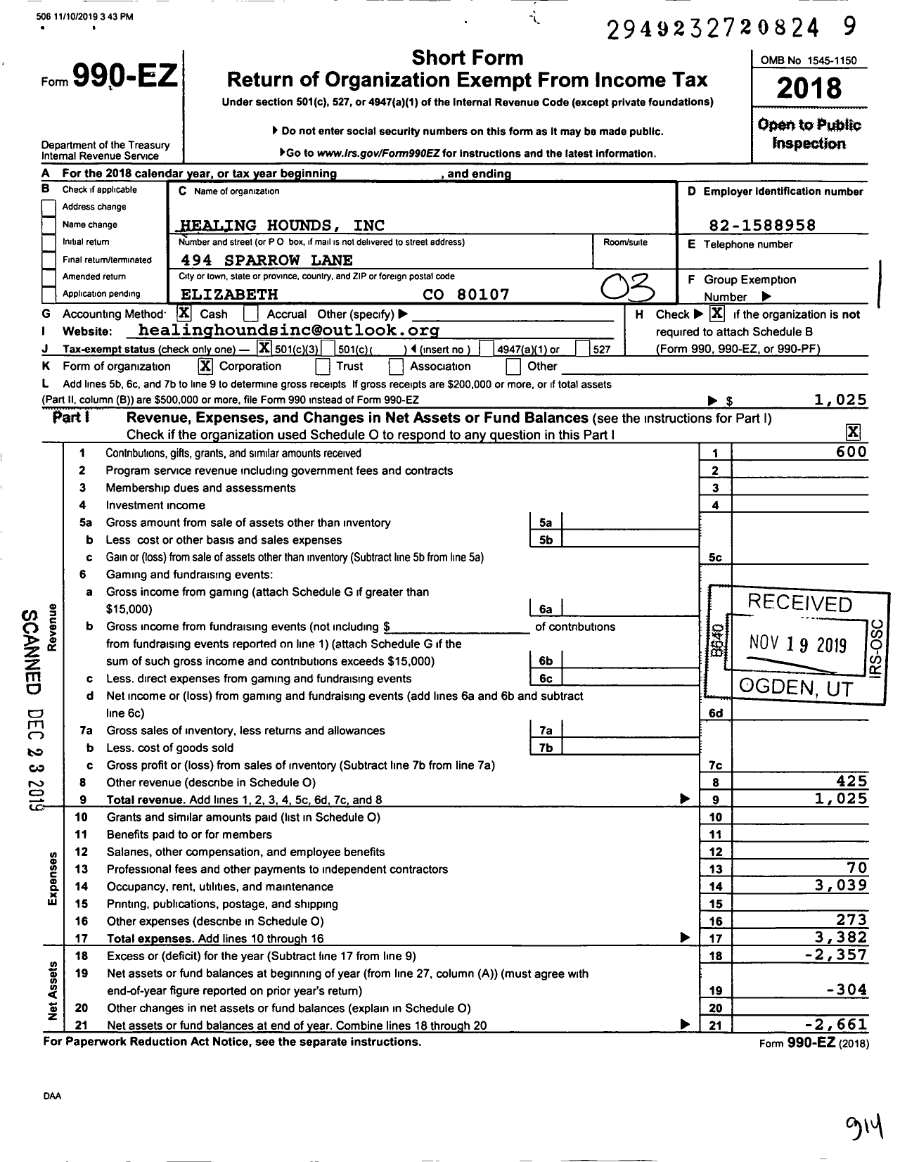 Image of first page of 2018 Form 990EZ for Healing Hounds