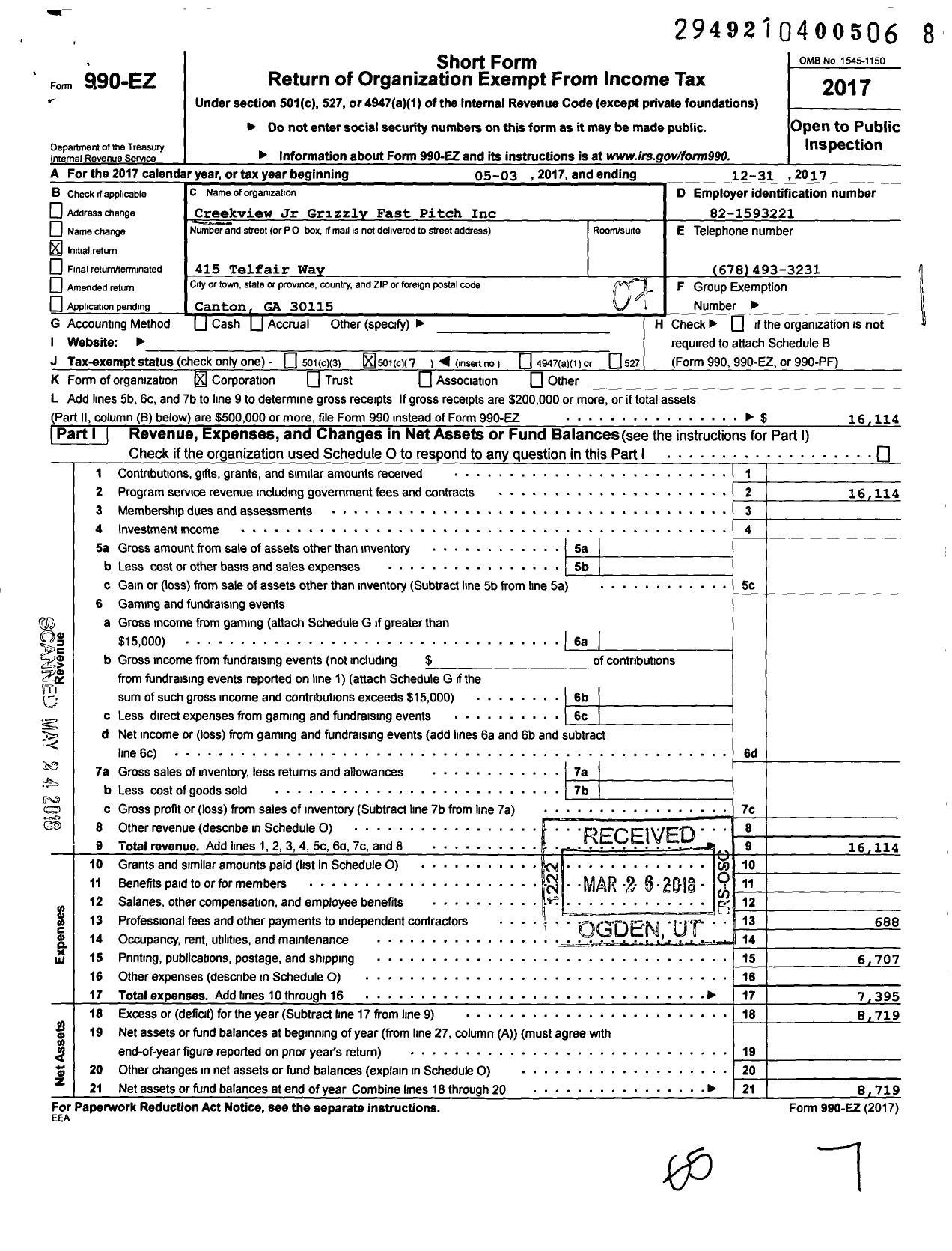 Image of first page of 2017 Form 990EO for Creekview Jr Grizzly Fast Pitch