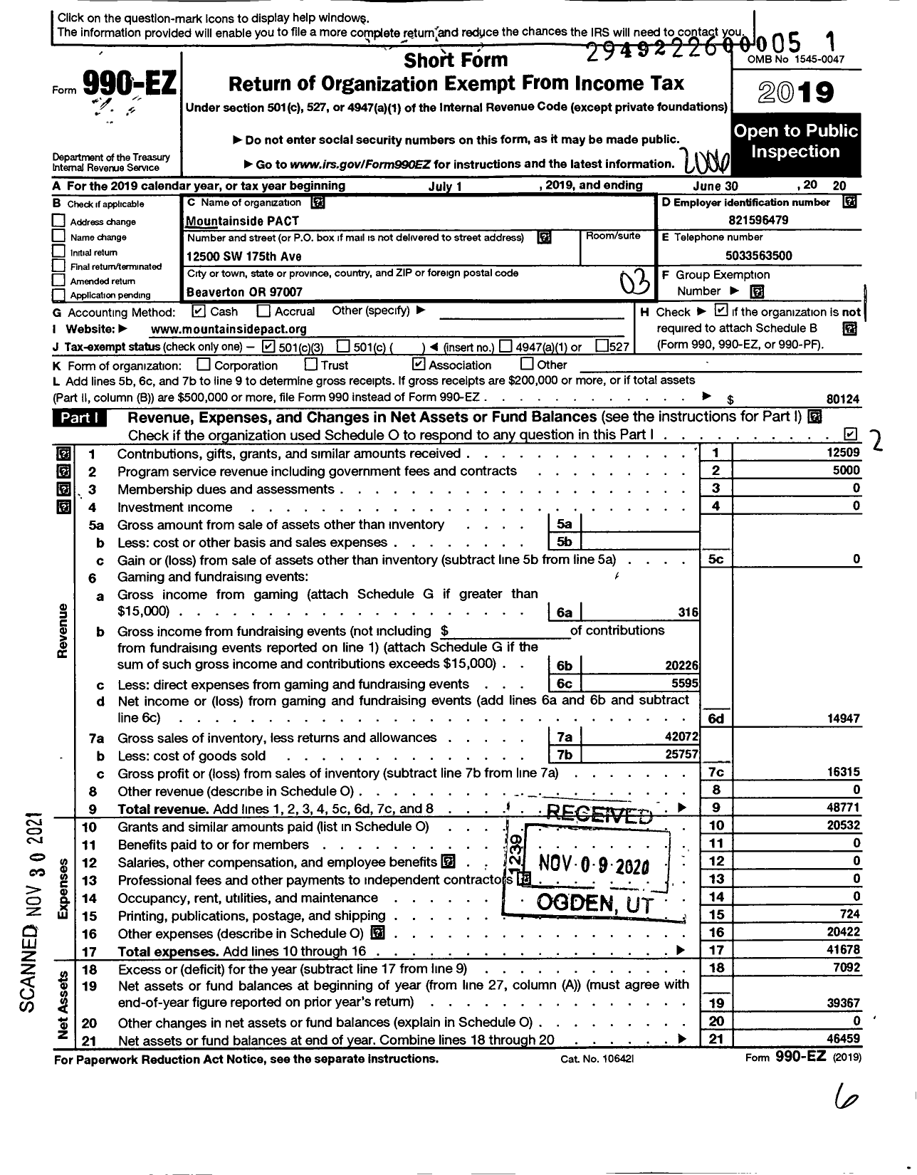 Image of first page of 2019 Form 990EZ for Mountainside Pact