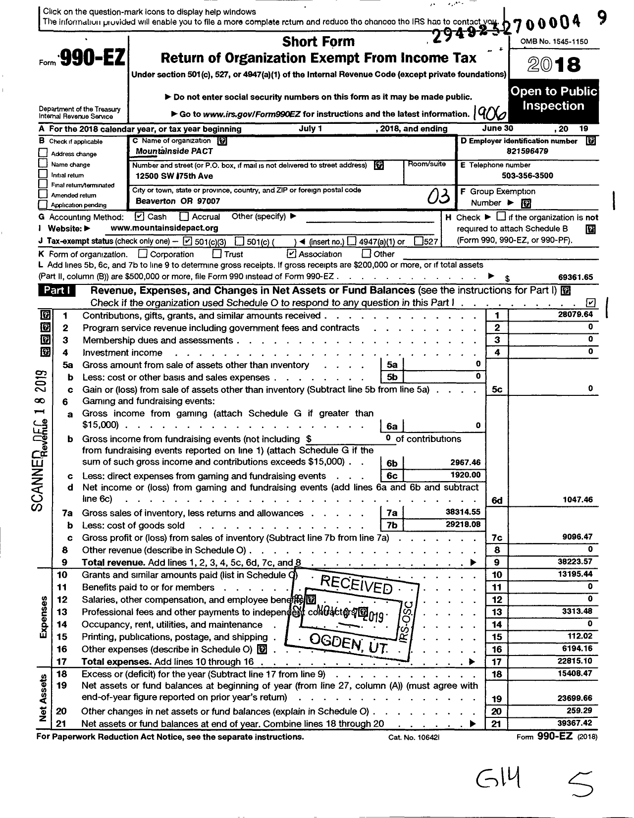 Image of first page of 2018 Form 990EZ for Mountainside Pact