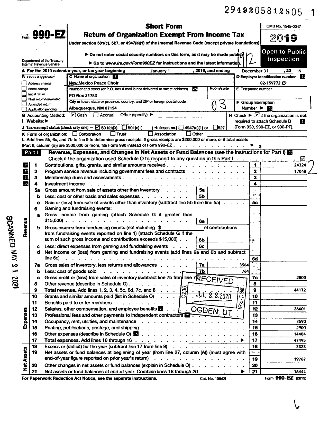 Image of first page of 2019 Form 990EZ for New Mexico Peace Choir