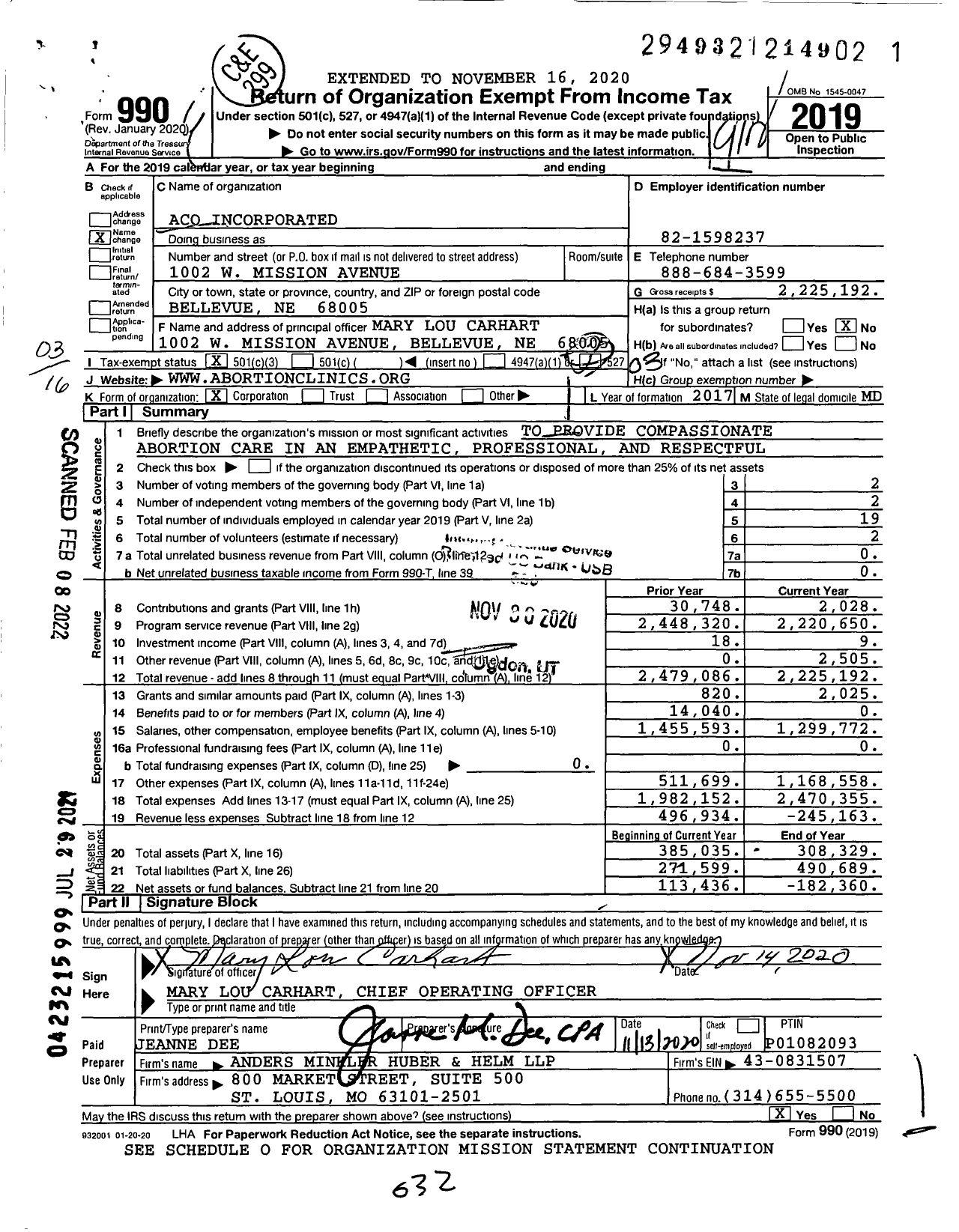 Image of first page of 2019 Form 990 for Aco Incorporated