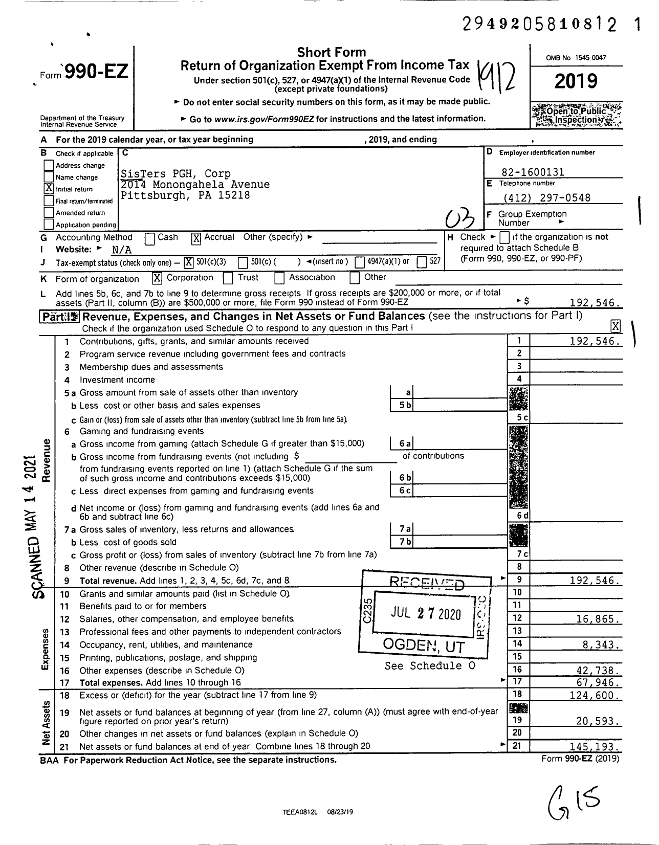 Image of first page of 2019 Form 990EZ for SisTers PGH Corp