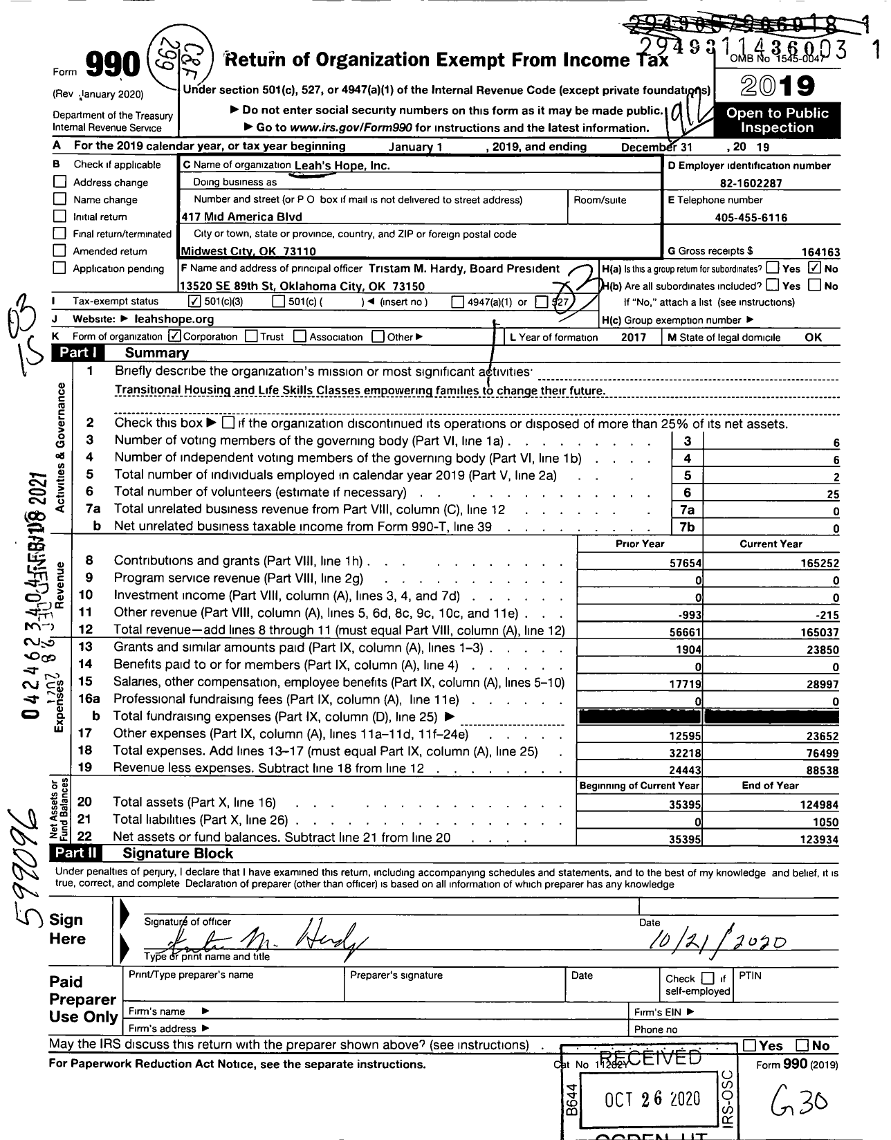 Image of first page of 2019 Form 990 for Leahs Hope