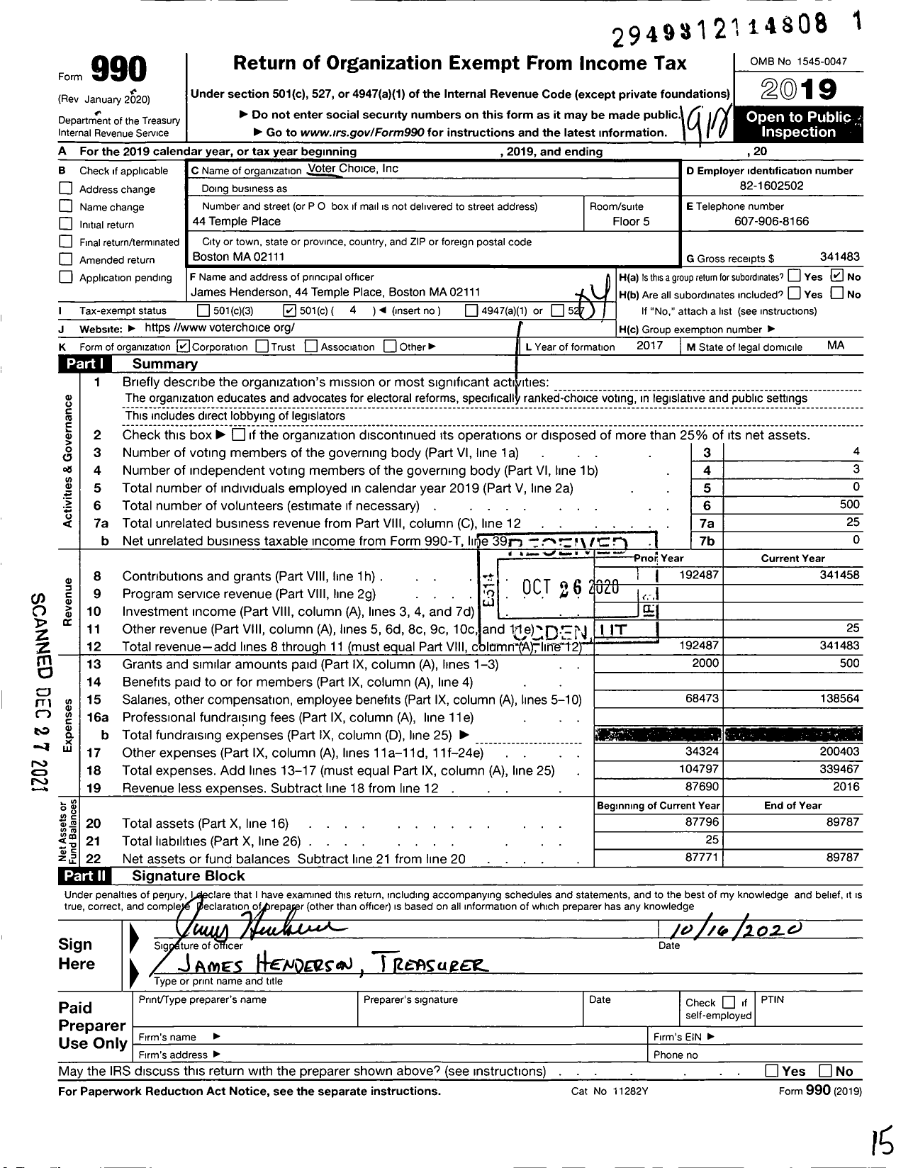 Image of first page of 2019 Form 990O for Voter Choice