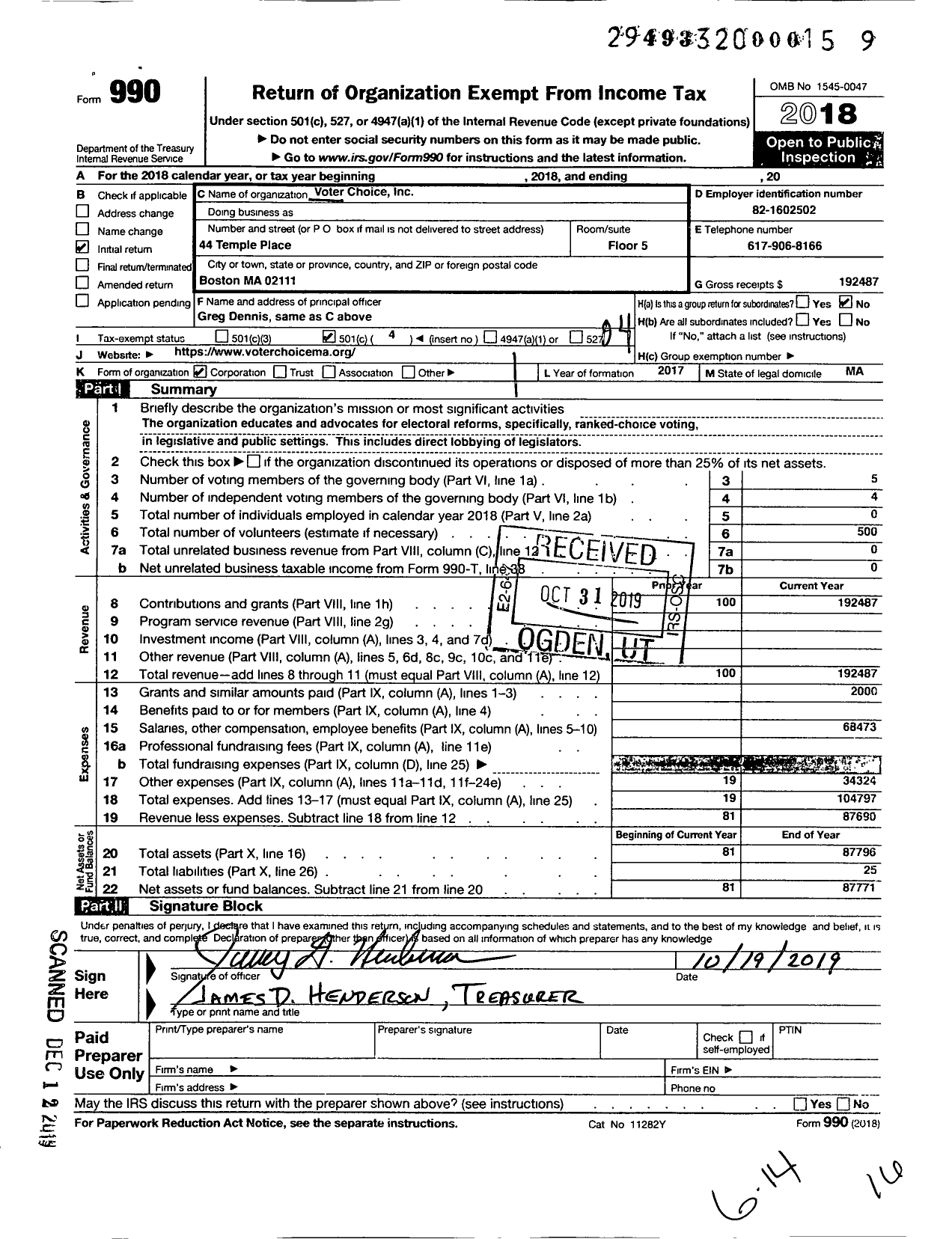 Image of first page of 2018 Form 990O for Voter Choice